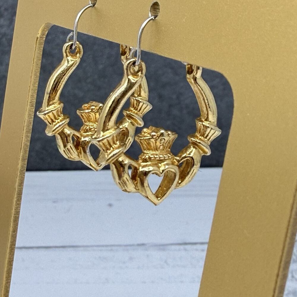 Irish Claddagh Hoop Earrings Gold Tone Crown and Hands Design